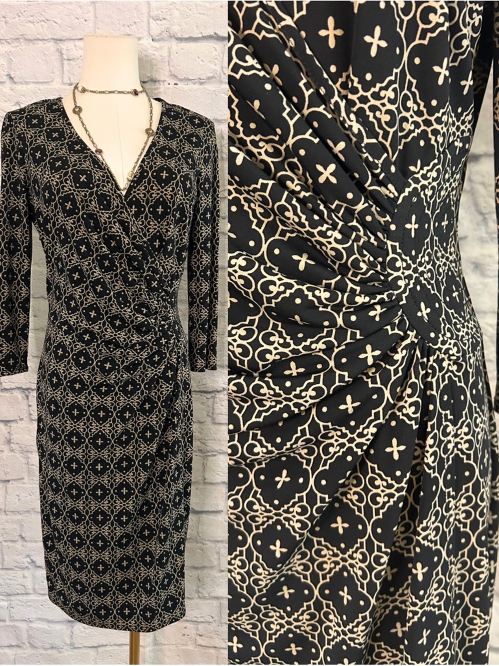 Laundry by Design Dress Black Cream Print Sexy Side Ruching Office Siren Midi
